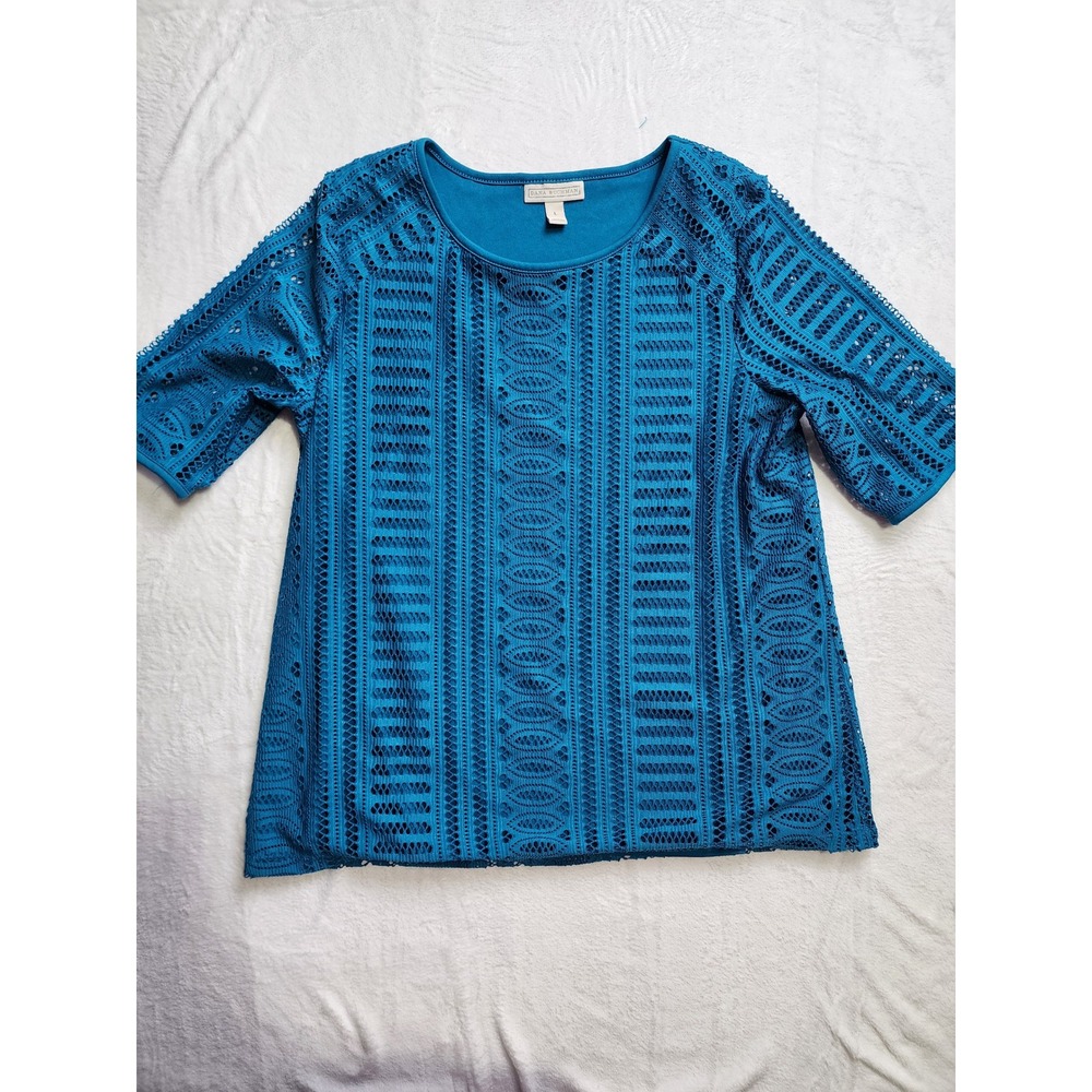 Dana Buchman Blouse Womens L Blue Lace Short Sleeve Scoop Neck Stretch